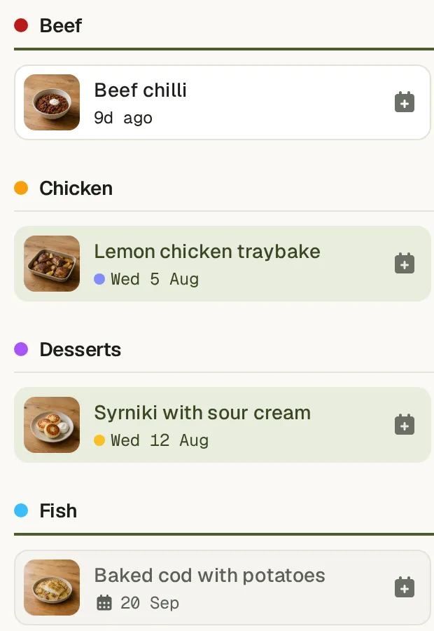 Chips showing a dated weekday for meals inside the window and a greyed calendar date for one planned further out