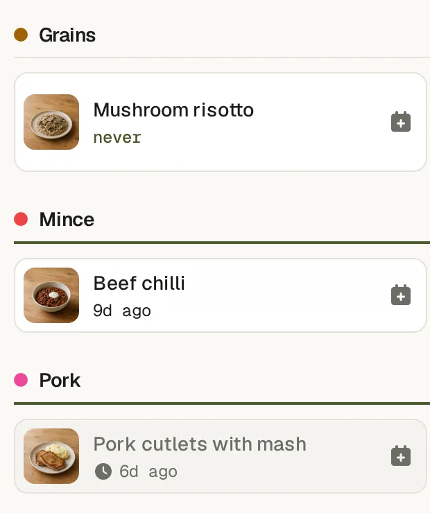 Three chips: Mushroom risotto marked never, Beef chilli 9d ago, and Pork cutlets 6d ago with a clock icon