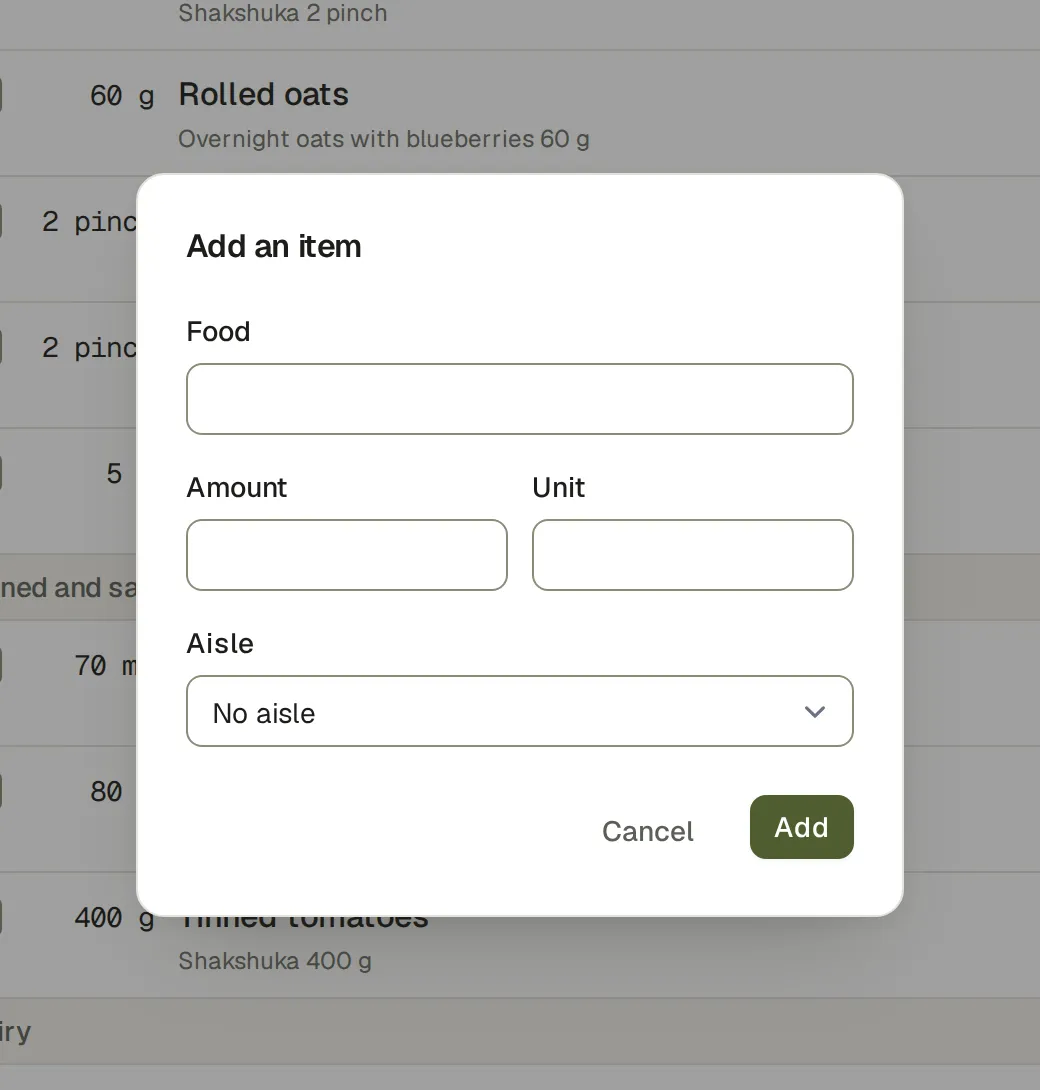 The Add item dialog, taking a food, an amount, a unit and the aisle it belongs in