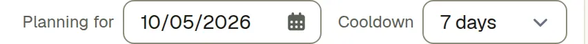 The board toolbar, with the cooldown set to 7 days