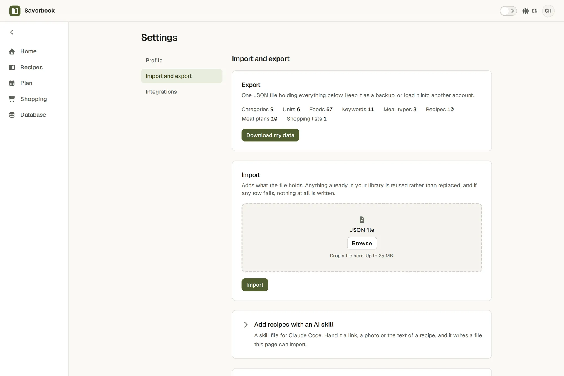 The data page in SavorBook, offering the whole account as one file and taking one back