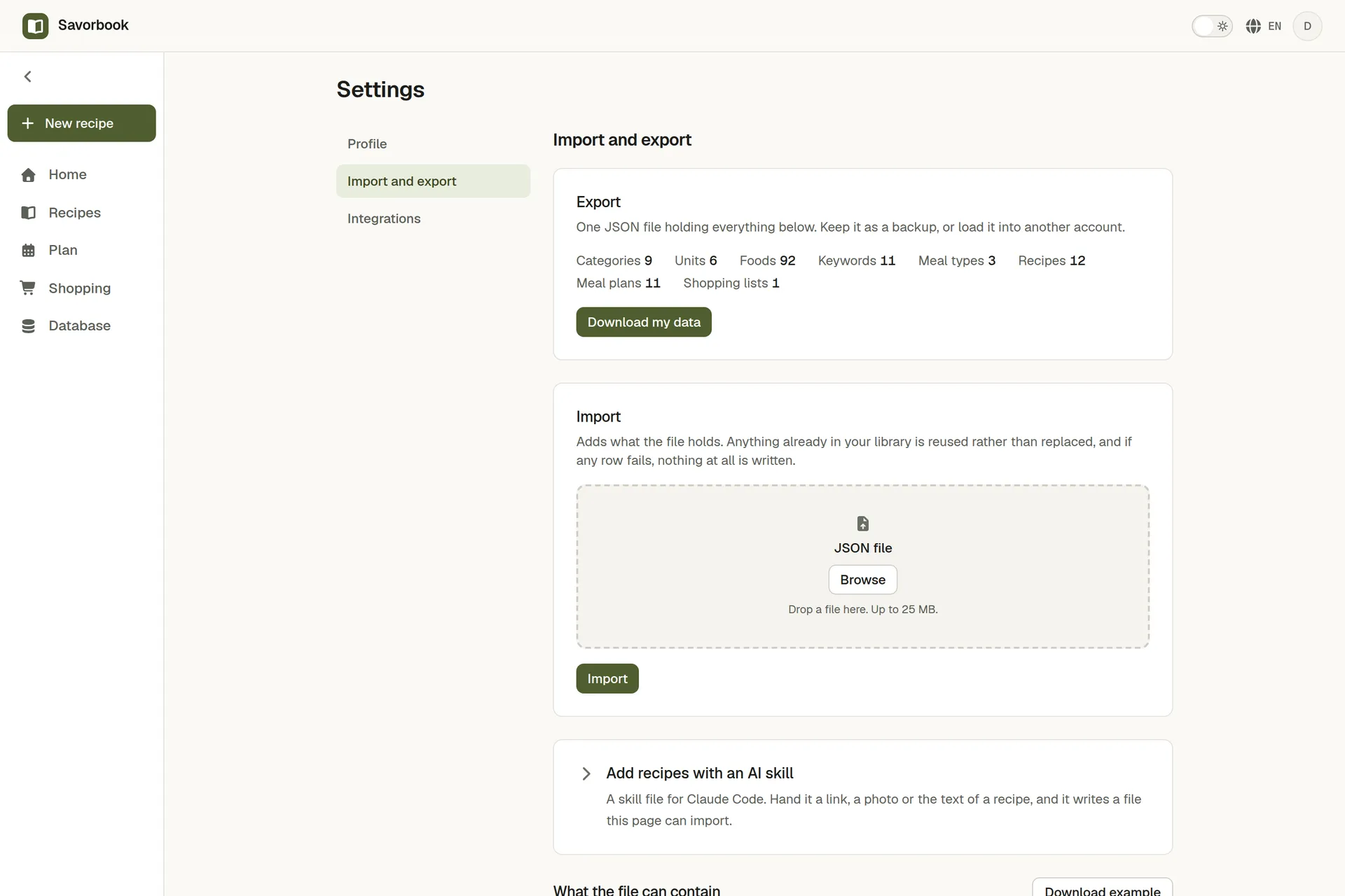 The data page in SavorBook, offering the whole account as one file and taking one back