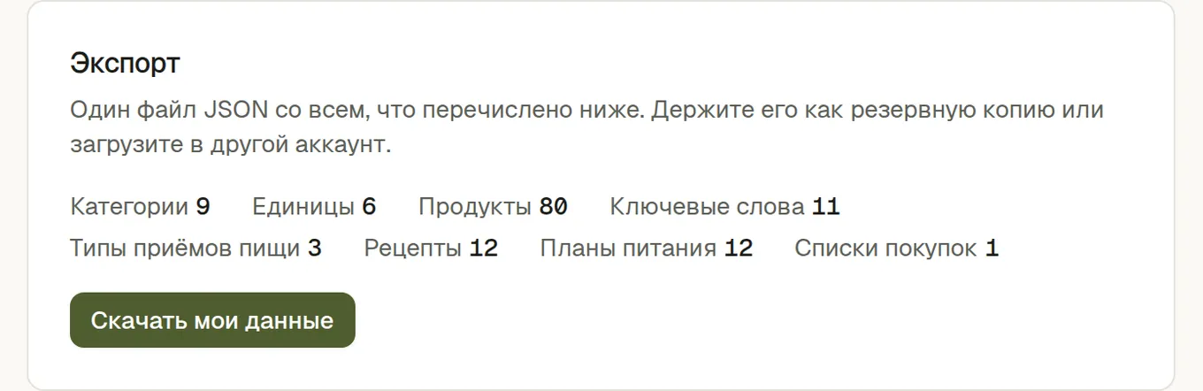 Панель выгрузки считает 9 категорий, 6 единиц, 57 продуктов, 11 ключевых слов, 3 типа приёма пищи, 10 рецептов и 10 планов