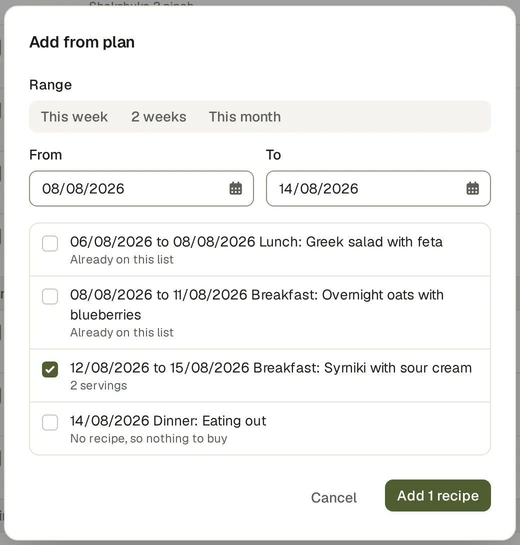 The Add from plan dialog: a date range, each planned meal with a checkbox, two marked as already on the list, and one with no recipe so nothing to buy