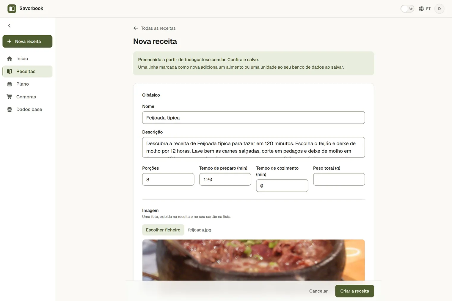 Uma receita importada a partir do link, com a foto, os ingredientes e os passos preenchidos, pronta a guardar