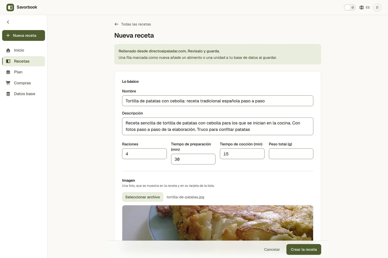 Una receta importada desde su enlace, con la foto, los ingredientes y los pasos rellenados, lista para guardar