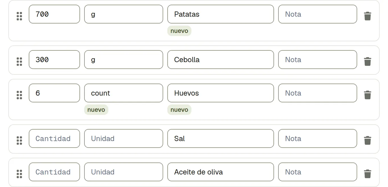 Filas de ingredientes importadas: unas unidas a alimentos que la cuenta ya tiene y el resto marcadas como nuevas