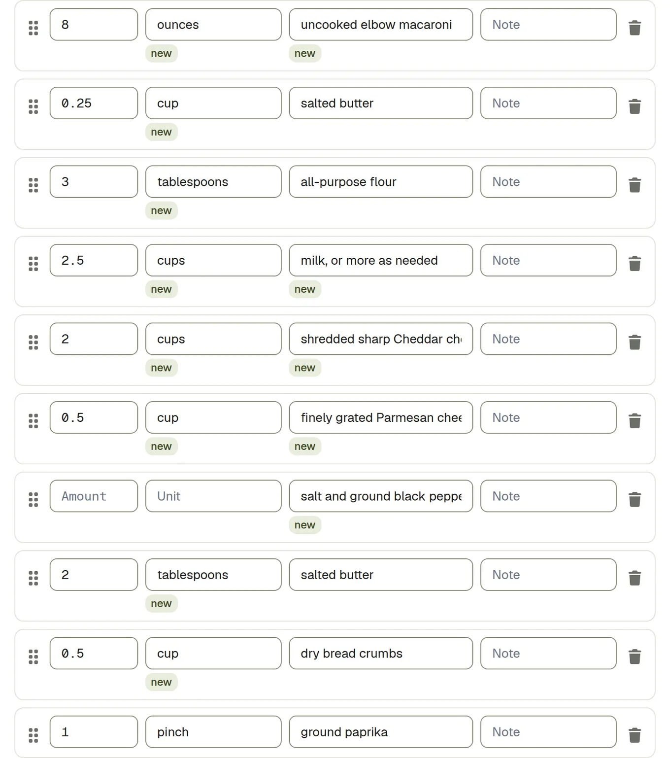 Imported ingredient rows, some matched to foods the account already has and the rest marked new