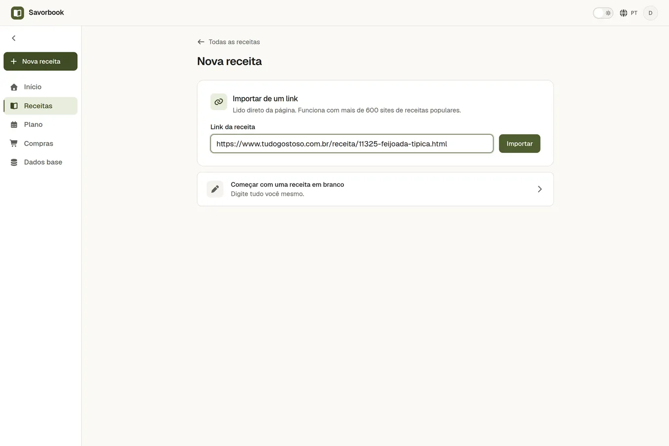 O ecrã de importação com o endereço de uma página de receitas no campo Link da receita