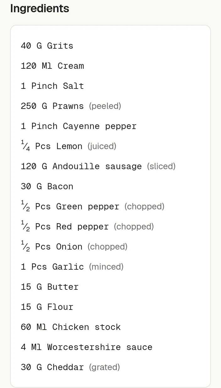 A recipe's ingredient panel, each line holding an amount, a unit and a food