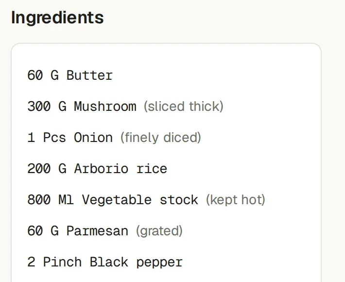 A recipe's ingredient panel, each line holding an amount, a unit and a food