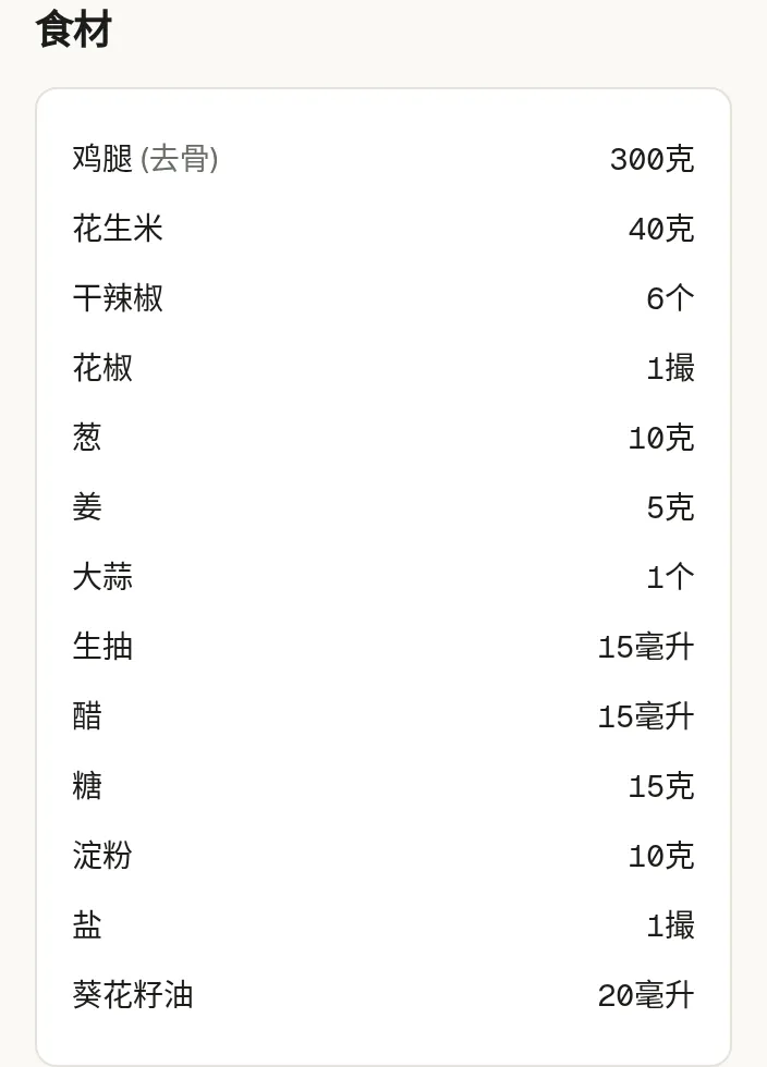 食谱的食材面板,每一行是一个数量、一个单位和一样食材