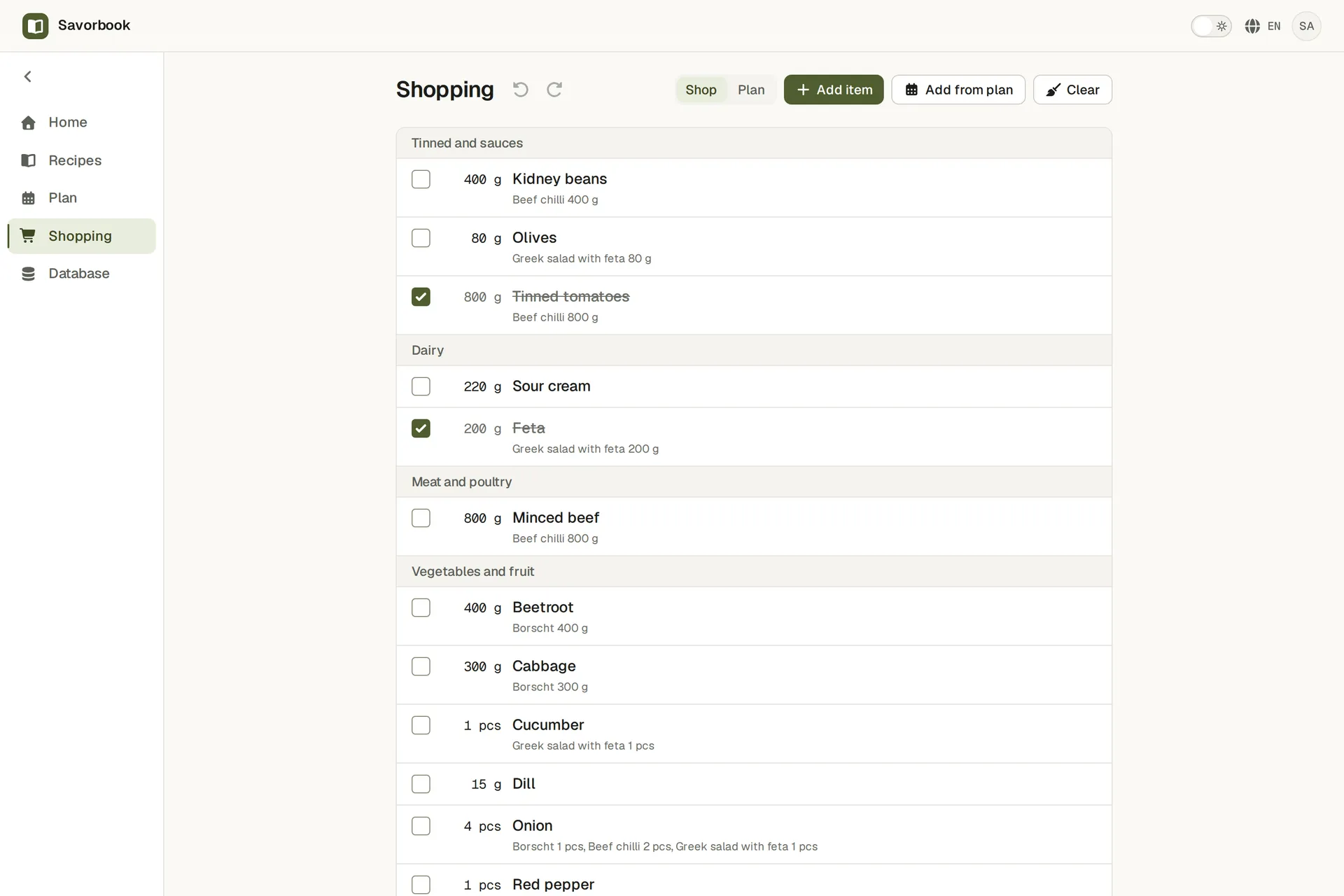 A shopping list grouped by aisle with amounts summed across recipes