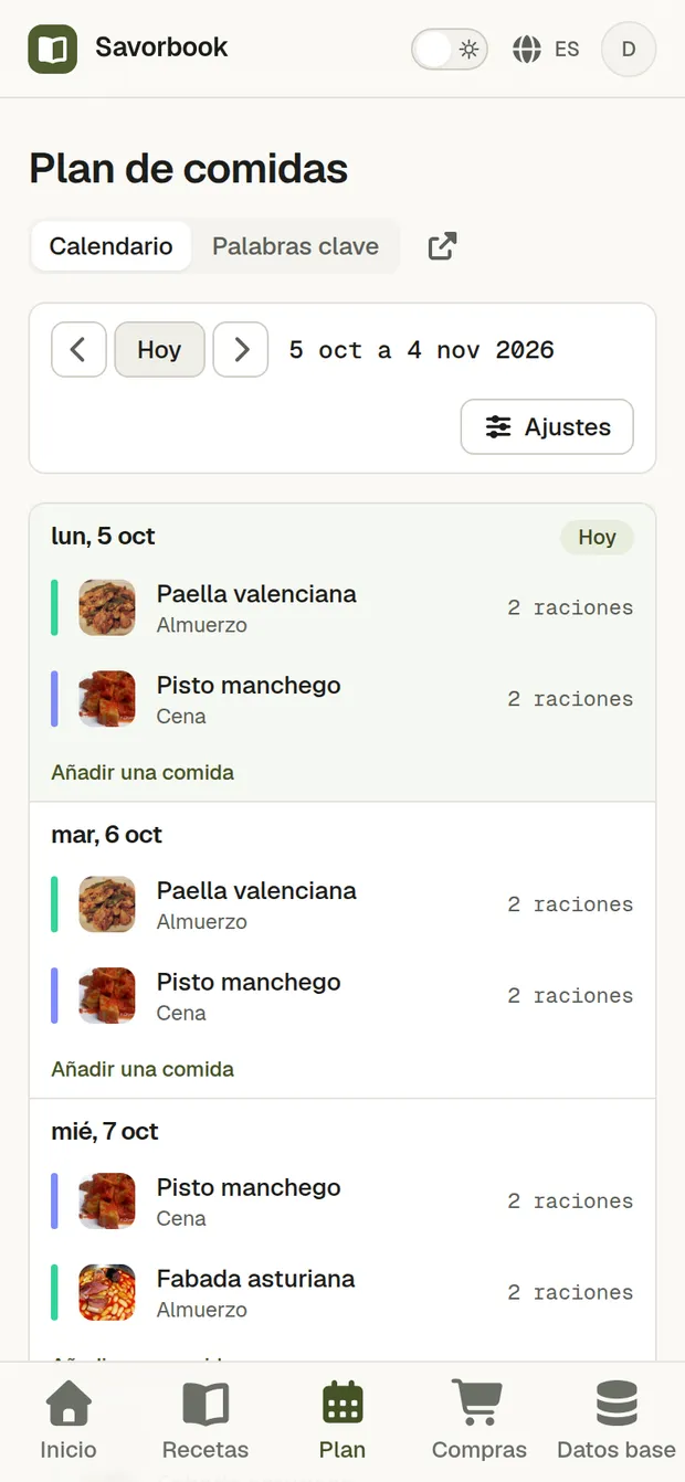 Una receta importada desde su enlace, planificada en tres días y añadida a la lista de la compra