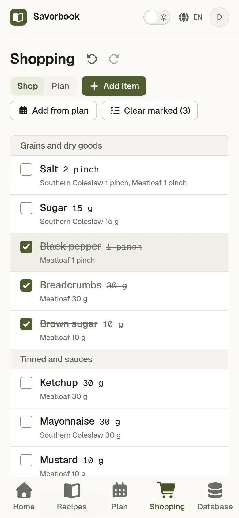 The shopping list on a phone in Shop mode, part way through a shop, several rows ticked off
