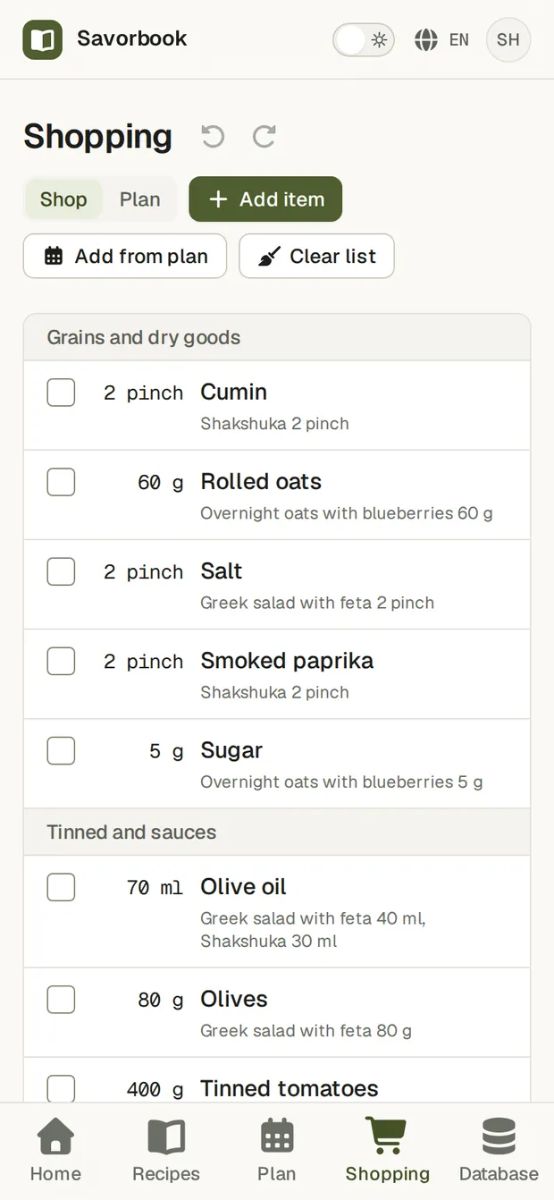 The shopping list on a phone in Shop mode, mid shop, with several rows ticked off