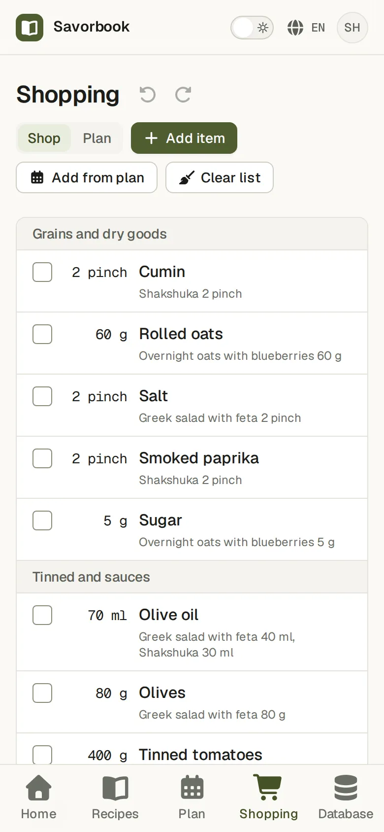 The shopping list on a phone in Shop mode, part way through a shop, several rows ticked off
