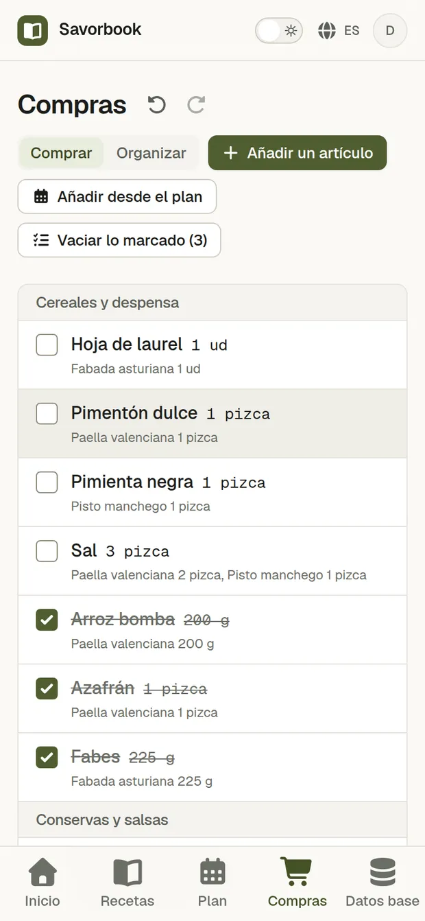 La lista de la compra en un móvil en modo Compra, a media compra, con varias filas marcadas