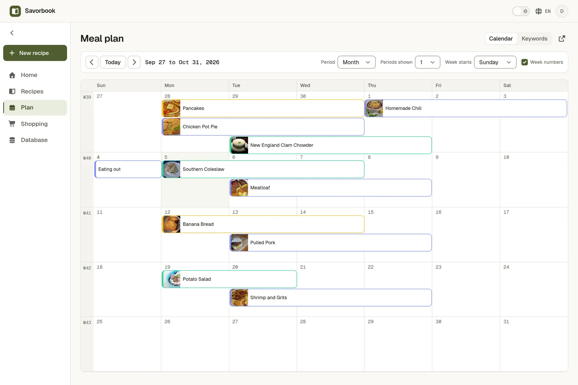 The weekly meal planner board with recipes placed across days