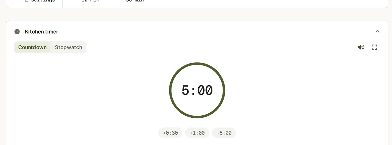 The kitchen timer on a recipe: countdown and stopwatch tabs, a progress ring, and buttons adding thirty seconds, one minute and five minutes