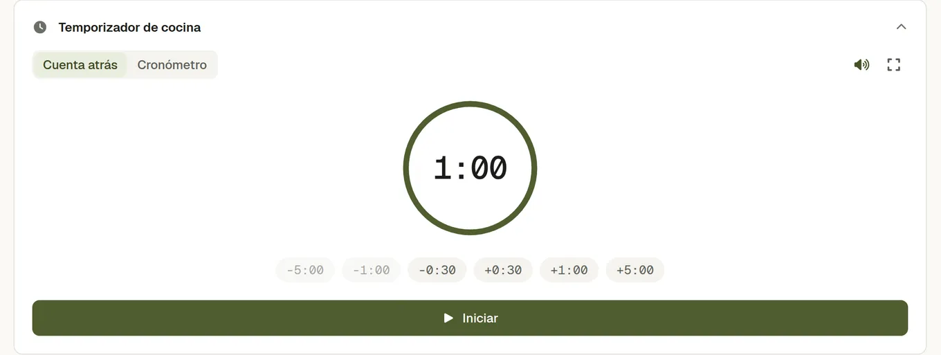 El temporizador de cocina de una receta: pestañas de cuenta atrás y cronómetro, un anillo de progreso y botones que suman treinta segundos, un minuto y cinco minutos
