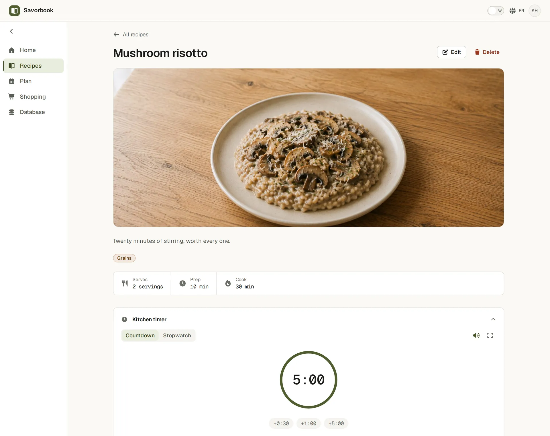 A recipe open with its kitchen timer running under the ingredients