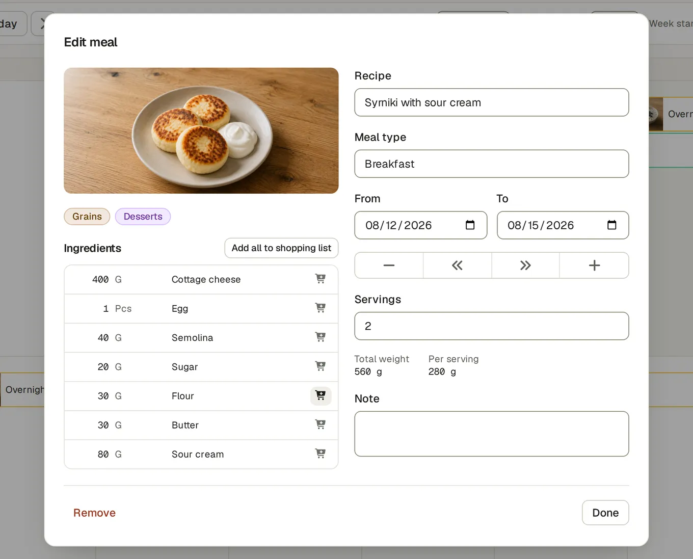 A planned meal open on the calendar, showing its recipe, servings and a link through to the full recipe