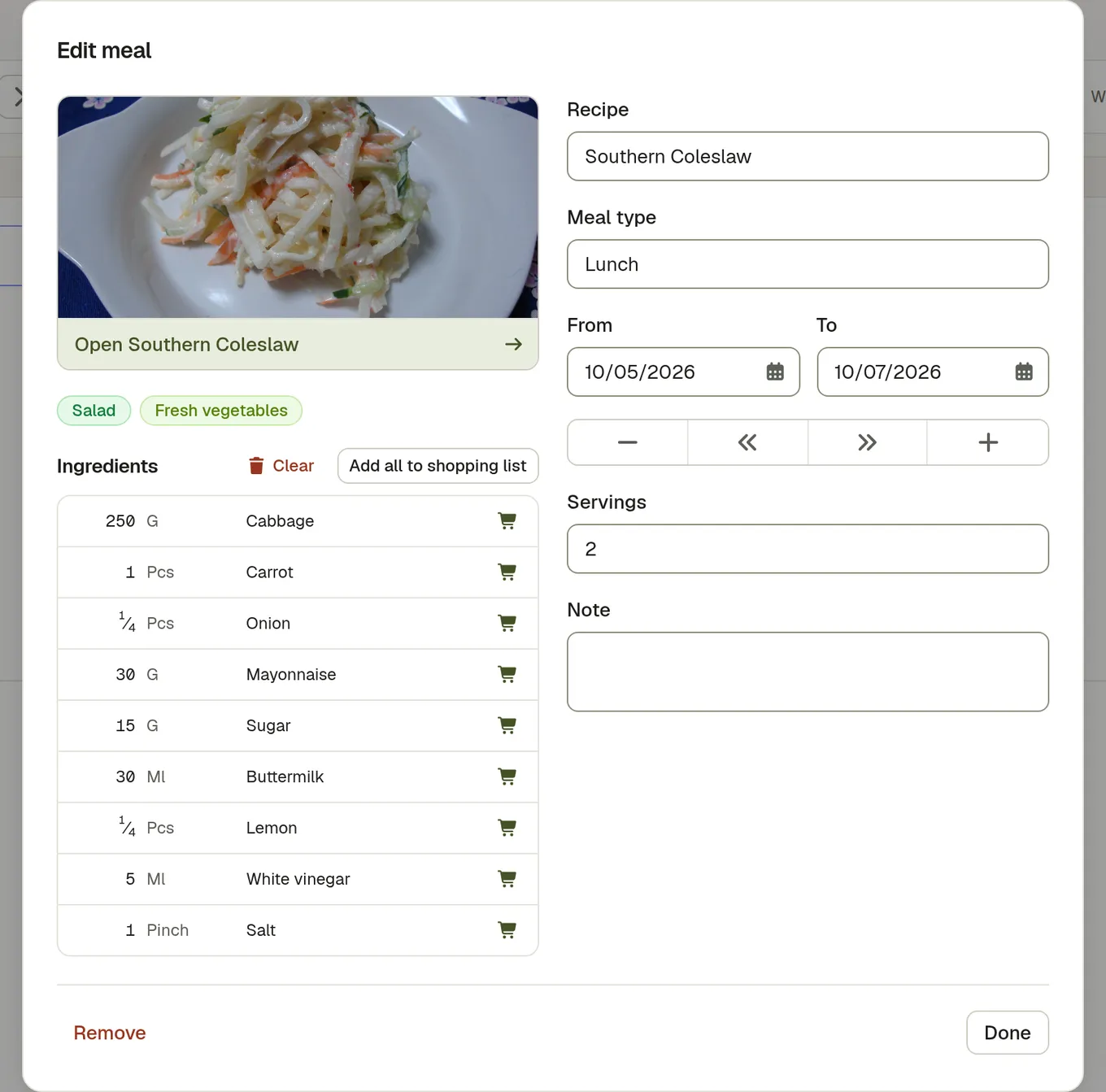 A planned meal open on the calendar, showing its recipe, servings and a link through to the full recipe